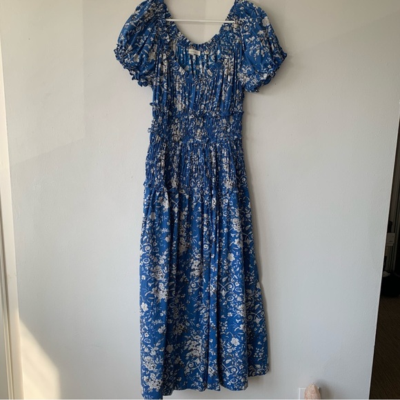 Doen Leanne Cotton Shirred Smocked Midi Maxi Dress Jardins De La Fontaine Blue - Picture 6 of 12